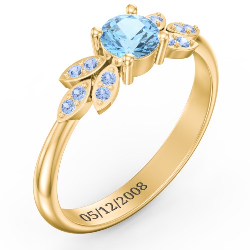 Round Birthstone Ring With Petal Accents – 18K Gold Plated Silver with Blue Topaz and Fancy Blue Premium Zirconia