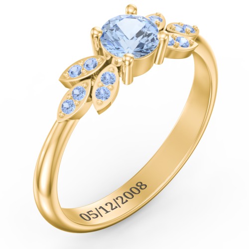 Round Birthstone Ring With Petal Accents – 18K Gold Plated Silver with Aquamarine and Fancy Blue Premium Zirconia