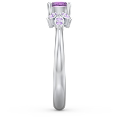 Round Birthstone Ring With Petal Accents – Sterling Silver with Amethyst and Amethyst Premium Zirconia