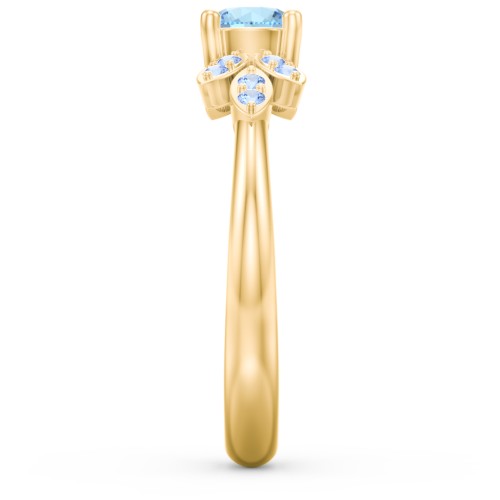 Round Birthstone Ring With Petal Accents – 18K Gold Plated Silver with Blue Topaz and Fancy Blue Premium Zirconia
