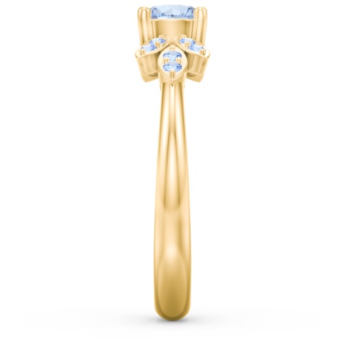 Round Birthstone Ring With Petal Accents – 18K Gold Plated Silver with Aquamarine and Fancy Blue Premium Zirconia