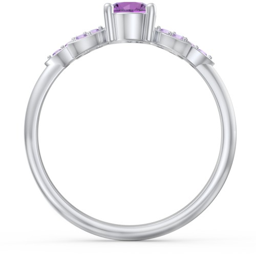 Round Birthstone Ring With Petal Accents – Sterling Silver with Amethyst and Amethyst Premium Zirconia