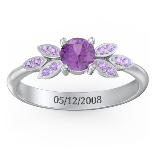 Round Birthstone Ring With Petal Accents – Sterling Silver with Amethyst and Amethyst Premium Zirconia