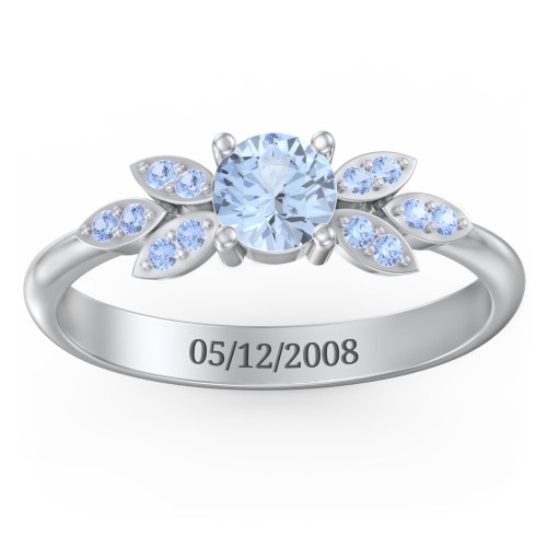 Round Birthstone Ring With Petal Accents – Sterling Silver with Aquamarine and Fancy Blue Premium Zirconia