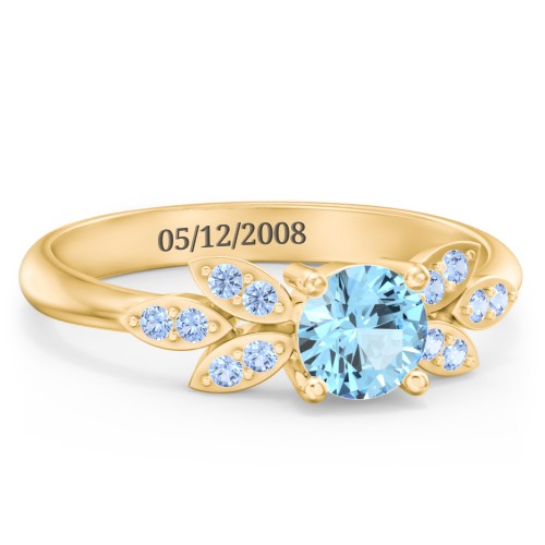 Round Birthstone Ring With Petal Accents – 18K Gold Plated Silver with Blue Topaz and Fancy Blue Premium Zirconia