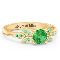Round Birthstone Ring With Petal Accents in 18K Gold Plated Silver with Emerald and Green Premium Zirconia