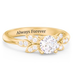 Round Birthstone Ring With Petal Accents in 18K Gold Plated Silver with Diamond