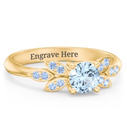 Round Birthstone Ring With Petal Accents in 18K Gold Plated Silver with Aquamarine and Fancy Blue Premium Zirconia