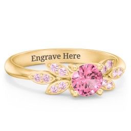 Round Birthstone Ring With Petal Accents in 18K Gold Plated Silver with Pink Tourmaline and Fancy Pink Premium Zirconia