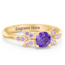 Round Birthstone Ring With Petal Accents in 18K Gold Plated Silver with Amethyst and Amethyst Premium Zirconia
