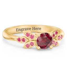 Round Birthstone Ring With Petal Accents in 18K Gold Plated Silver with Ruby and Red Premium Zirconia