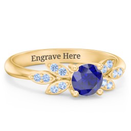 Round Birthstone Ring With Petal Accents in 18K Gold Plated Silver with Blue Sapphire and Fancy Blue Premium Zirconia