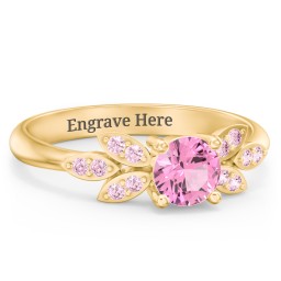 Round Birthstone Ring With Petal Accents in 18K Gold Plated Silver with Pink Tourmaline and Fancy Pink Premium Zirconia