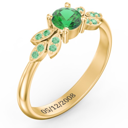 Round Birthstone Ring With Petal Accents – 18K Gold Plated Silver with Emerald and Green Premium Zirconia