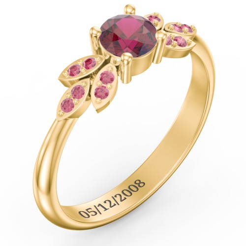 Round Birthstone Ring With Petal Accents – 18K Gold Plated Silver with Ruby and Red Premium Zirconia
