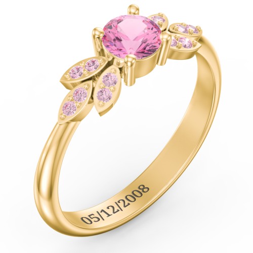 Round Birthstone Ring With Petal Accents – 18K Gold Plated Silver with Pink Tourmaline and Fancy Pink Premium Zirconia