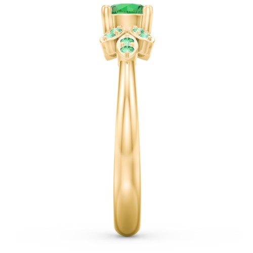 Round Birthstone Ring With Petal Accents – 18K Gold Plated Silver with Emerald and Green Premium Zirconia