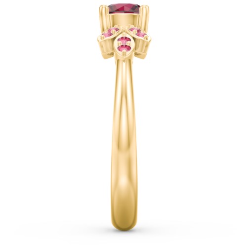 Round Birthstone Ring With Petal Accents – 18K Gold Plated Silver with Ruby and Red Premium Zirconia