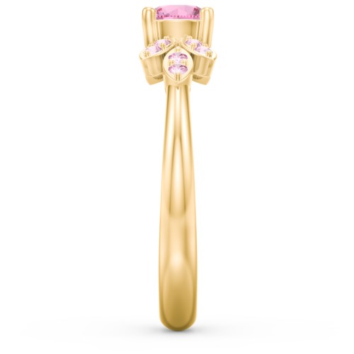 Round Birthstone Ring With Petal Accents – 18K Gold Plated Silver with Pink Tourmaline and Fancy Pink Premium Zirconia