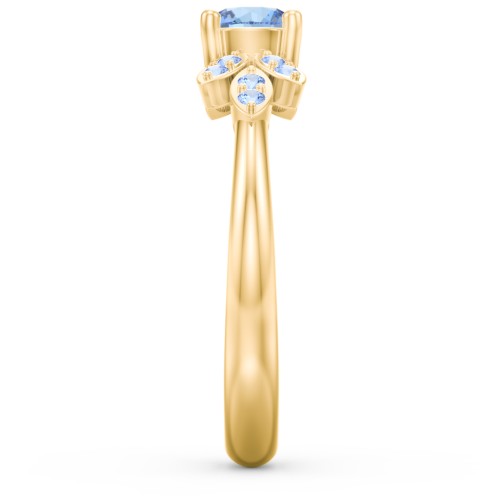 Round Birthstone Ring With Petal Accents – 18K Gold Plated Silver with Blue Topaz and Fancy Blue Premium Zirconia