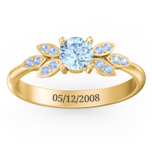 Round Birthstone Ring With Petal Accents – 18K Gold Plated Silver with Aquamarine and Fancy Blue Premium Zirconia
