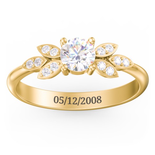 Round Birthstone Ring With Petal Accents – 18K Gold Plated Silver with Diamond