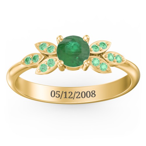Round Birthstone Ring With Petal Accents – 18K Gold Plated Silver with Emerald and Green Premium Zirconia