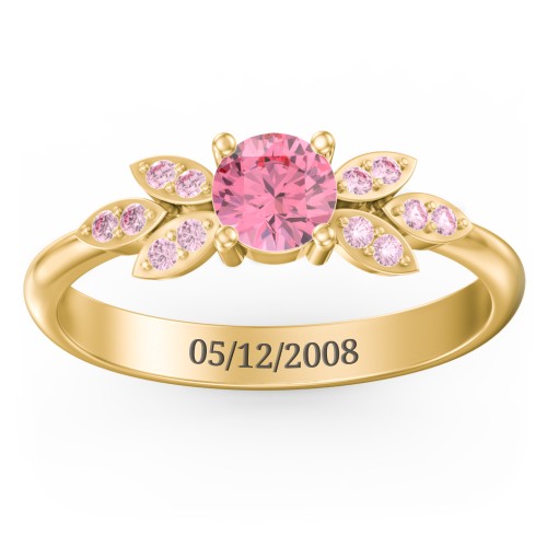 Round Birthstone Ring With Petal Accents – 18K Gold Plated Silver with Pink Tourmaline and Fancy Pink Premium Zirconia