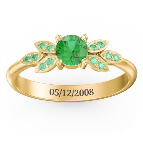 Round Birthstone Ring With Petal Accents – 18K Gold Plated Silver with Emerald and Green Premium Zirconia
