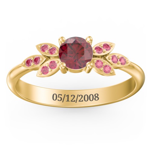 Round Birthstone Ring With Petal Accents – 18K Gold Plated Silver with Ruby and Red Premium Zirconia