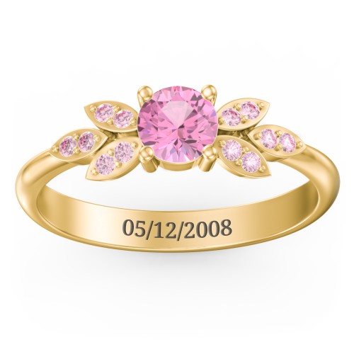 Round Birthstone Ring With Petal Accents – 18K Gold Plated Silver with Pink Tourmaline and Fancy Pink Premium Zirconia