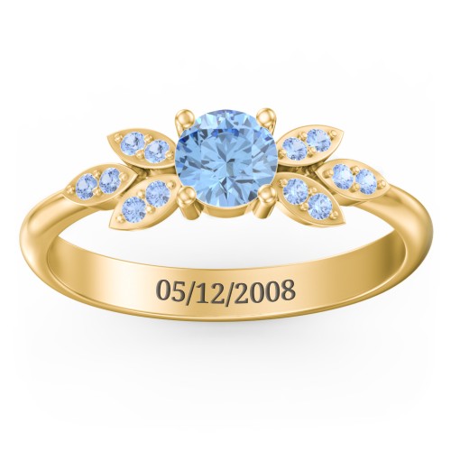 Round Birthstone Ring With Petal Accents – 18K Gold Plated Silver with Blue Topaz and Fancy Blue Premium Zirconia