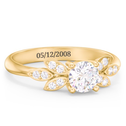 Round Birthstone Ring With Petal Accents – 18K Gold Plated Silver with Diamond