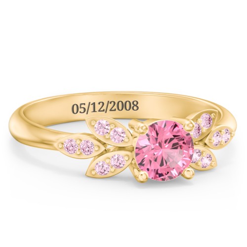 Round Birthstone Ring With Petal Accents – 18K Gold Plated Silver with Pink Tourmaline and Fancy Pink Premium Zirconia