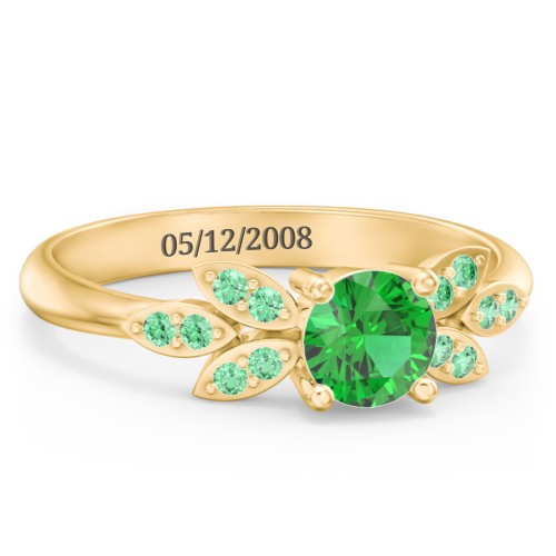 Round Birthstone Ring With Petal Accents – 18K Gold Plated Silver with Emerald and Green Premium Zirconia