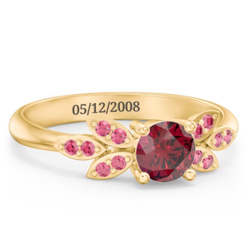 Round Birthstone Ring With Petal Accents – 18K Gold Plated Silver with Ruby and Red Premium Zirconia