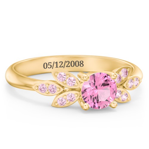 Round Birthstone Ring With Petal Accents – 18K Gold Plated Silver with Pink Tourmaline and Fancy Pink Premium Zirconia