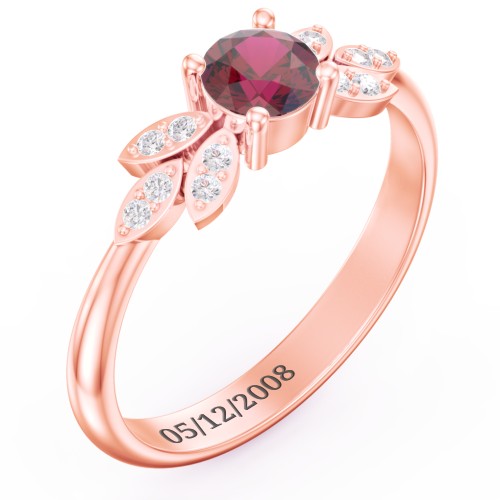 Round Birthstone Ring With Petal Accents – 10K Rose Gold with Ruby and White Premium Zirconia