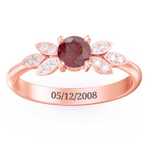 Round Birthstone Ring With Petal Accents – 10K Rose Gold with Ruby and White Premium Zirconia