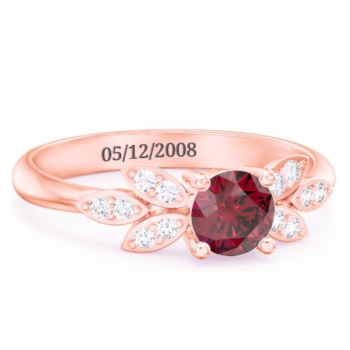 Round Birthstone Ring With Petal Accents – 10K Rose Gold with Ruby and White Premium Zirconia