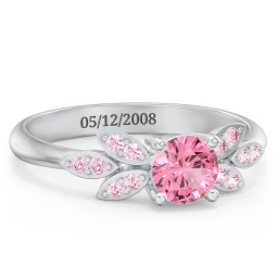 Round Birthstone Ring With Petal Accents in 925 Sterling Silver with Pink Tourmaline and Fancy Pink Premium Zirconia