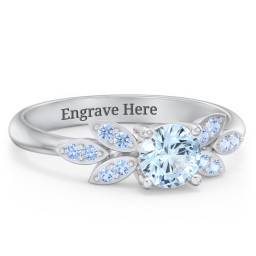 Round Birthstone Ring With Petal Accents in 925 Sterling Silver with Aquamarine and Fancy Blue Premium Zirconia