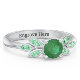 Round Birthstone Ring With Petal Accents in 925 Sterling Silver with Emerald and Green Premium Zirconia