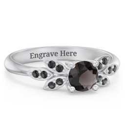 Round Birthstone Ring With Petal Accents in 925 Sterling Silver with Smokey Quartz and Black Premium Zirconia
