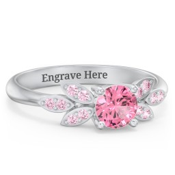 Round Birthstone Ring With Petal Accents in 925 Sterling Silver with Pink Tourmaline and Fancy Pink Premium Zirconia