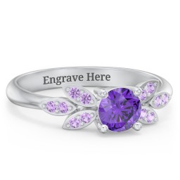 Round Birthstone Ring With Petal Accents in 925 Sterling Silver with Amethyst and Amethyst Premium Zirconia