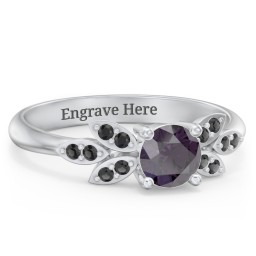 Round Birthstone Ring With Petal Accents in 925 Sterling Silver with Alexandrite and Black Premium Zirconia