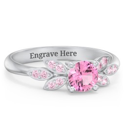 Round Birthstone Ring With Petal Accents in 925 Sterling Silver with Pink Tourmaline and Fancy Pink Premium Zirconia