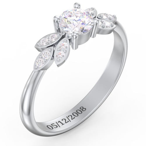 Round Birthstone Ring With Petal Accents – Sterling Silver with Diamond
