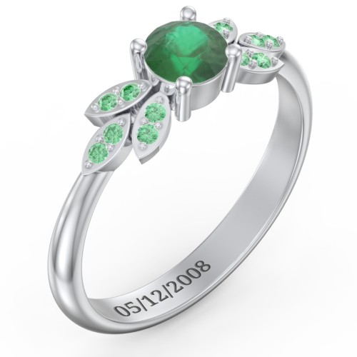 Round Birthstone Ring With Petal Accents – Sterling Silver with Emerald and Green Premium Zirconia